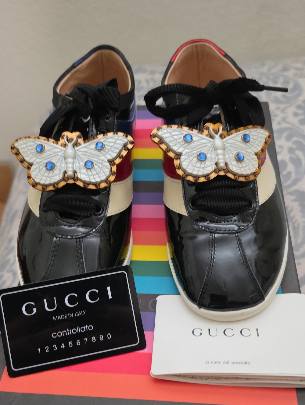 Gucci Black Patent Leather Butterfly Sneakers